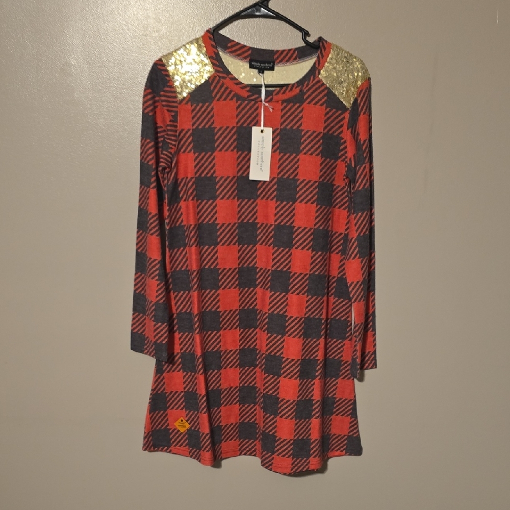 Simply Southern Red/Gry Plaid W-Gold Sequins At Knee A-Line‎ Dress Womens Size M